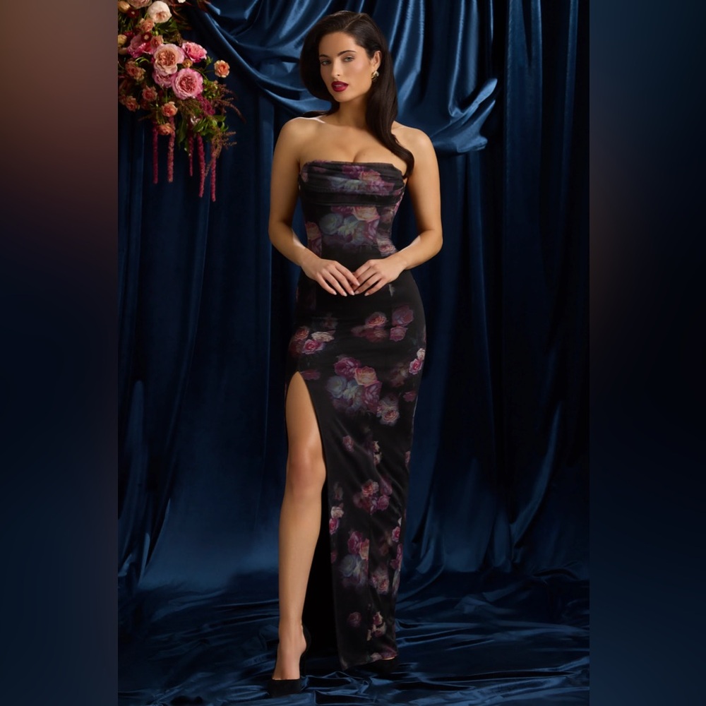 La Rochette
Bandeau Cowl-Neck Maxi Dress in Black Floral Print